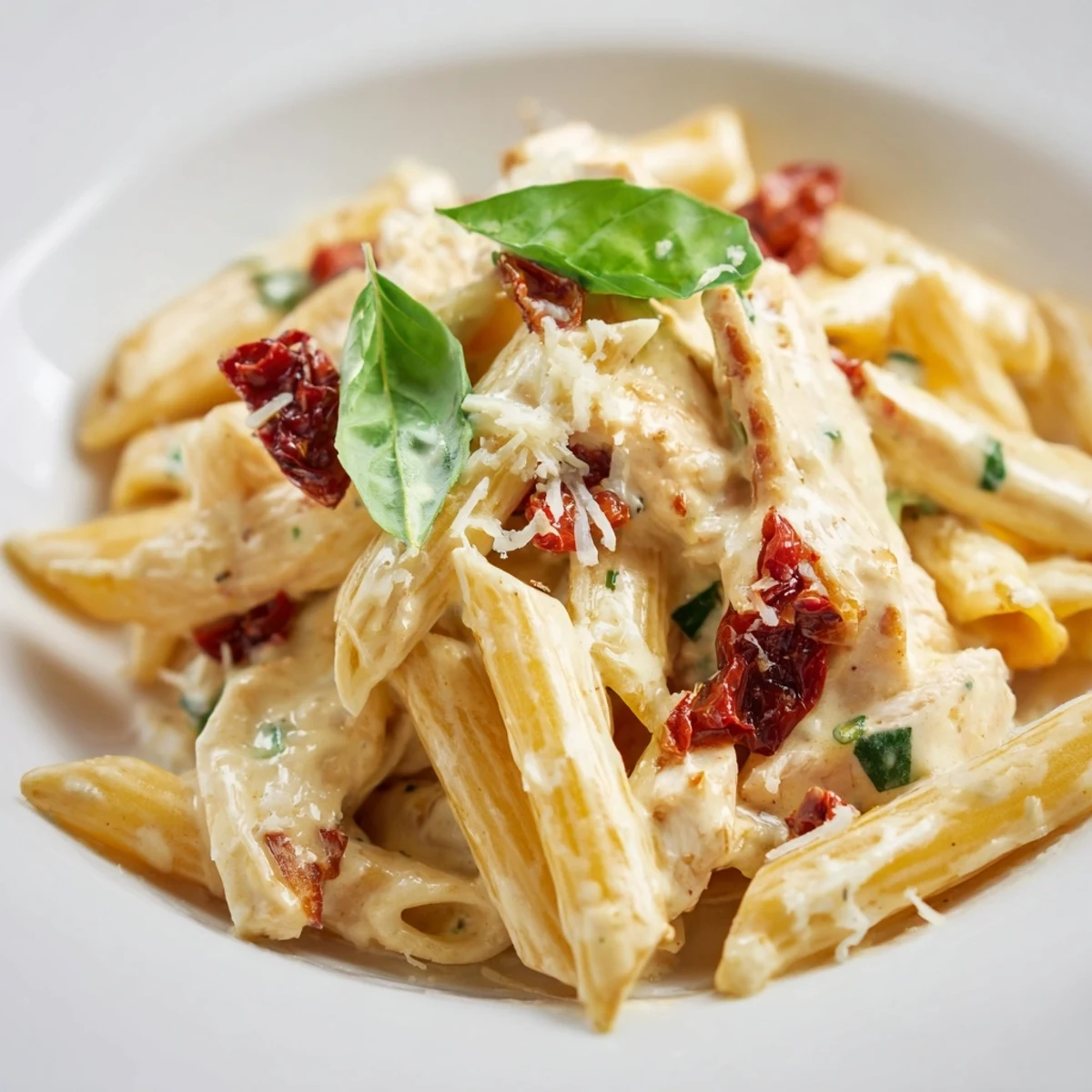 A close-up of creamy Sun-Dried Tomato Chicken Pasta with penne, featuring golden chicken strips and vibrant tomato pieces in a rich, garlicky sauce.