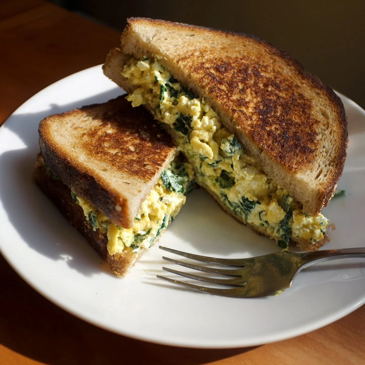 Golden-brown slices of Feta & Spinach Stuffed Grilled Cheese reveal a vibrant green spinach and creamy feta filling on a wooden cutting board.