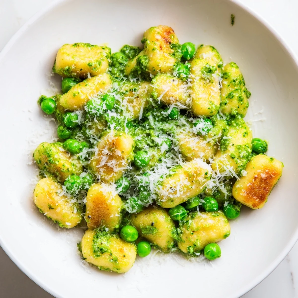 The savory Pesto Pea Gnocchi Skillet steams gently, showcasing sweet peas and fragrant basil pesto clinging to each bite.