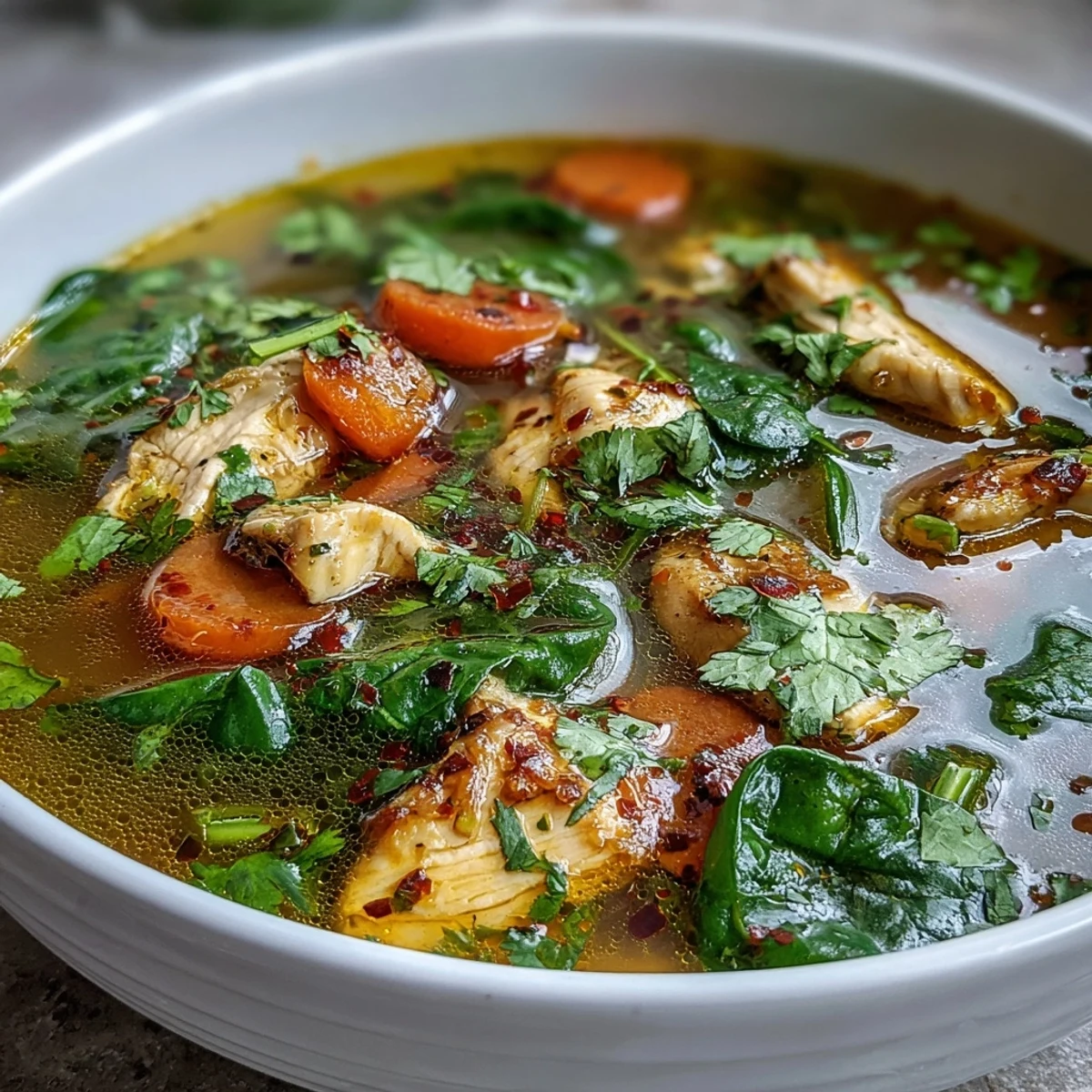 A vibrant bowl of golden Turmeric Chicken Soup garnished with fresh parsley and lemon slices.