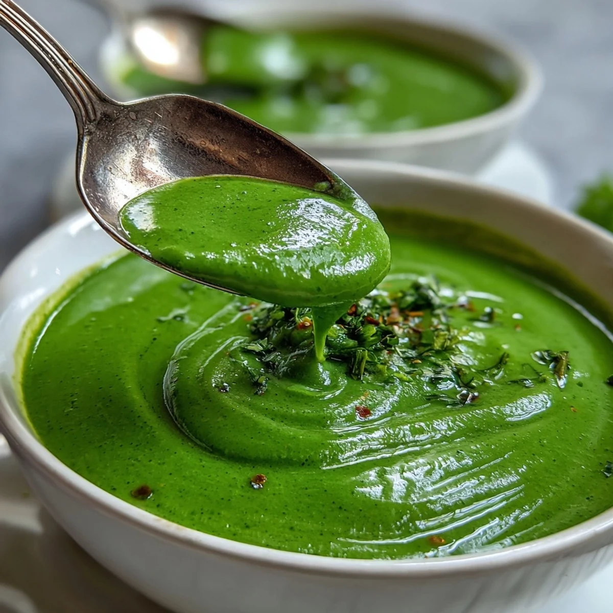 Creamy green vegetable soup with spinach, broccoli, and cashews served in a rustic bowl.