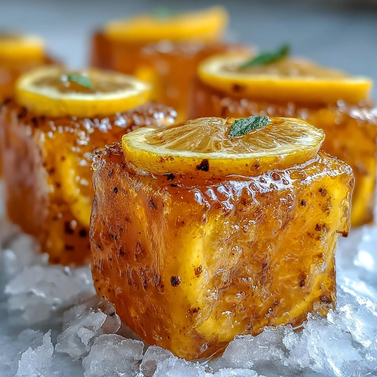 Bright yellow wellness cubes made with fresh lemon juice, chopped ginger, and turmeric glisten in a white ice tray.  