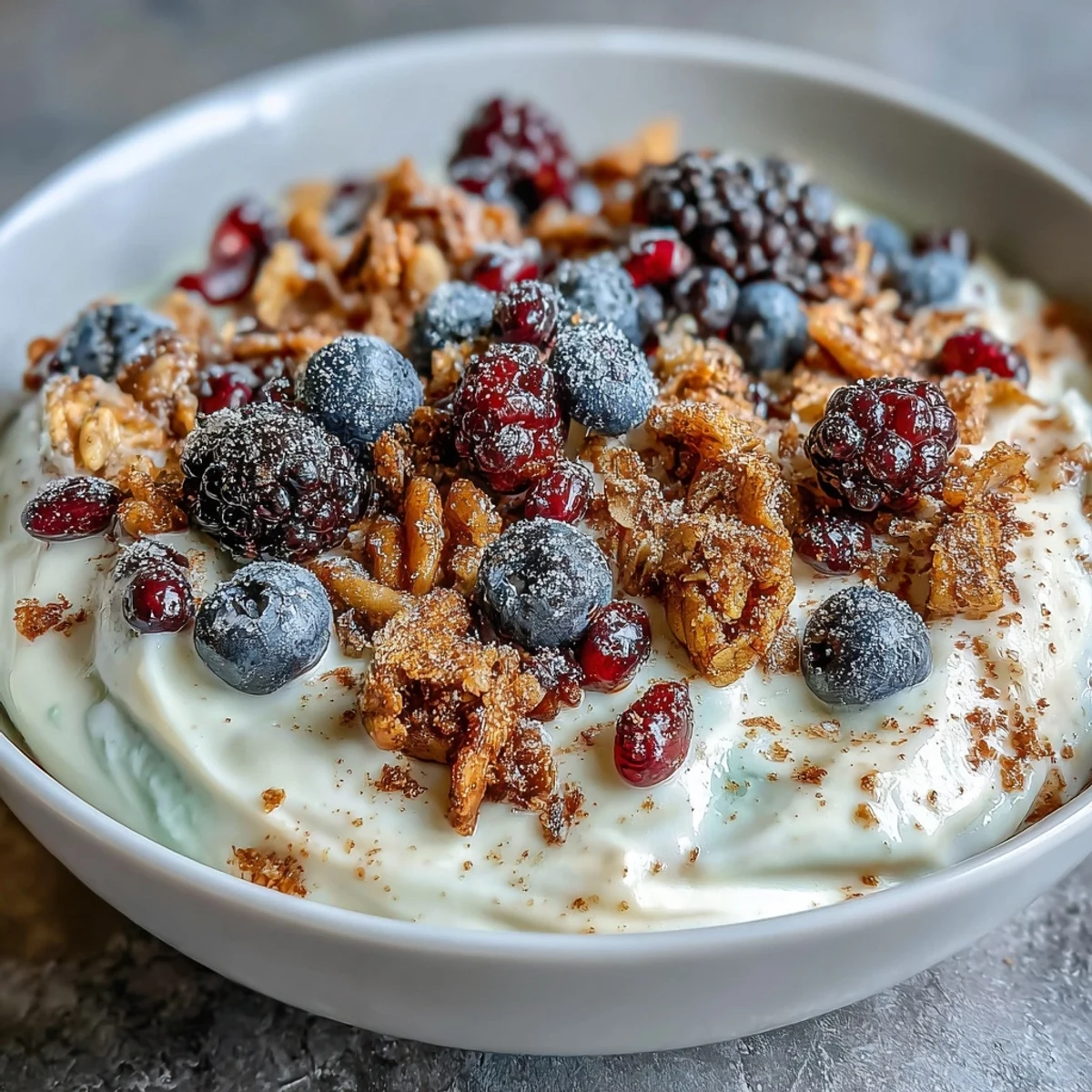 Creamy probiotic yogurt topped with vibrant winter berries and spiced crunch in a nourishing breakfast bowl.  