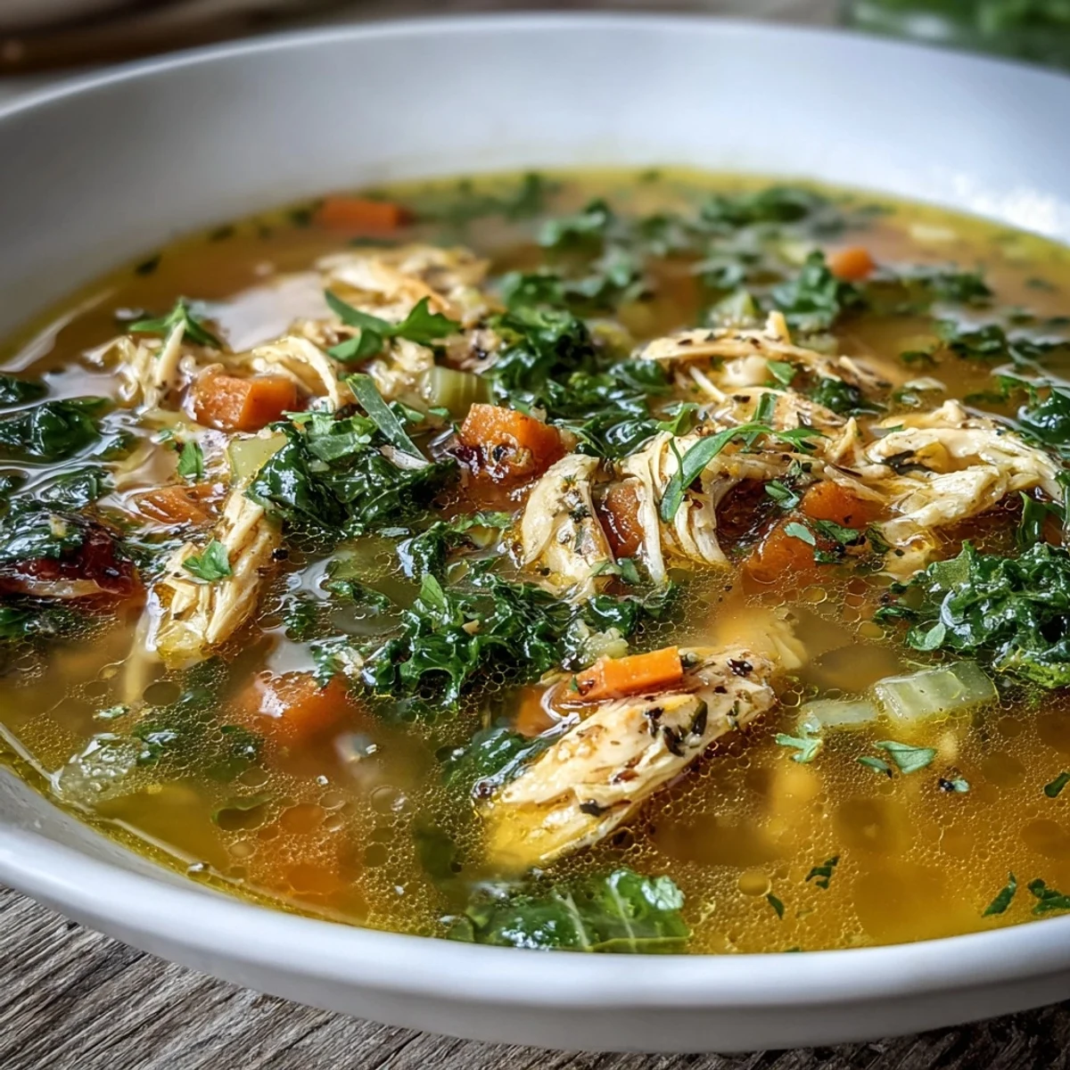 Steaming bowl of High Protein Lemon and Turmeric Chicken Soup with tender shredded chicken, vibrant carrots, and wilted baby kale in a golden broth.