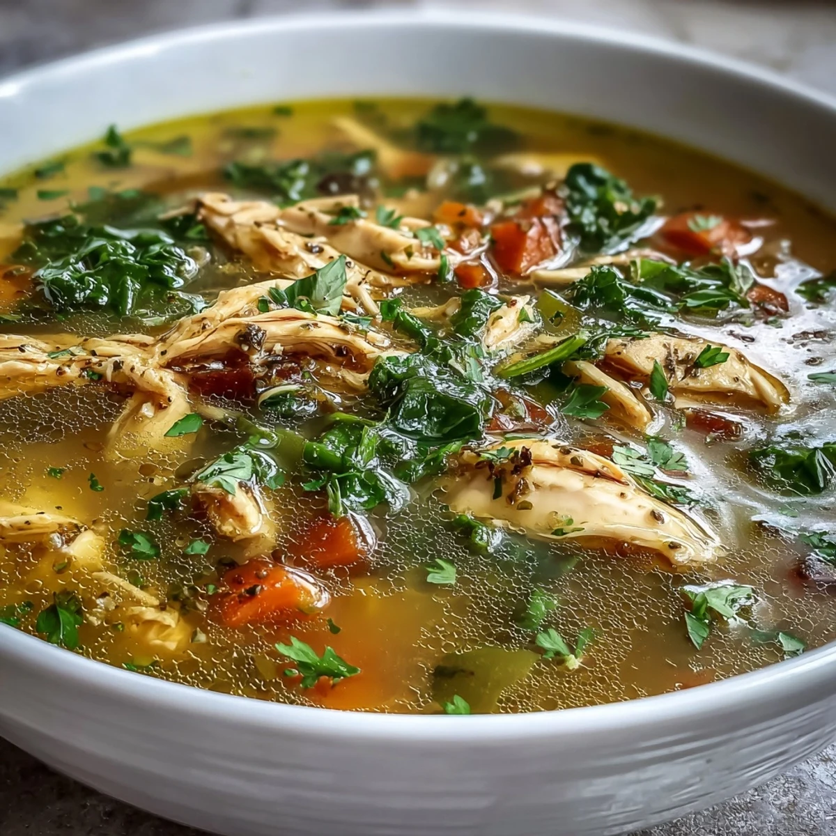 Healthy, golden-brown High Protein Lemon and Turmeric Chicken Soup garnished with fresh dill and lemon wedges, perfect for a gluten-free, comforting lunch.
