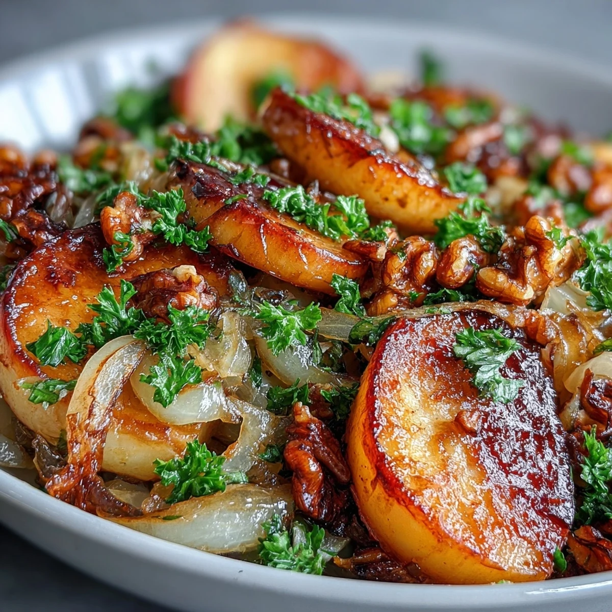 Serving suggestion for Warm Apple and Sauerkraut Skillet Salad topped with fresh parsley and toasted pecans beside bratwurst.