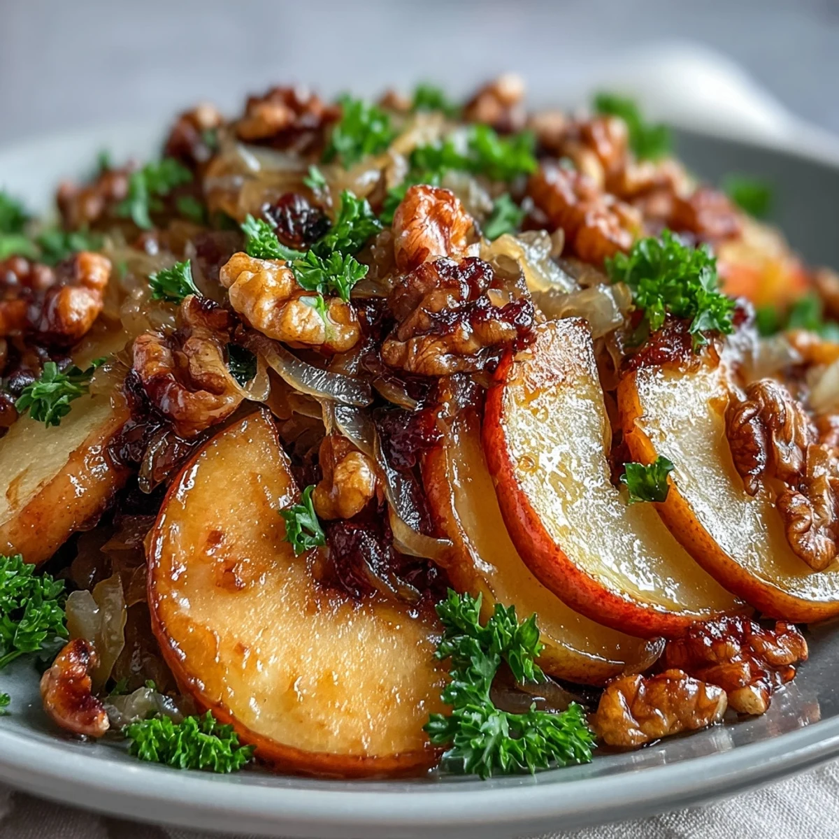 Warm Apple and Sauerkraut Skillet Salad with golden caramelized apples and onions glistening in a rustic cast iron pan.