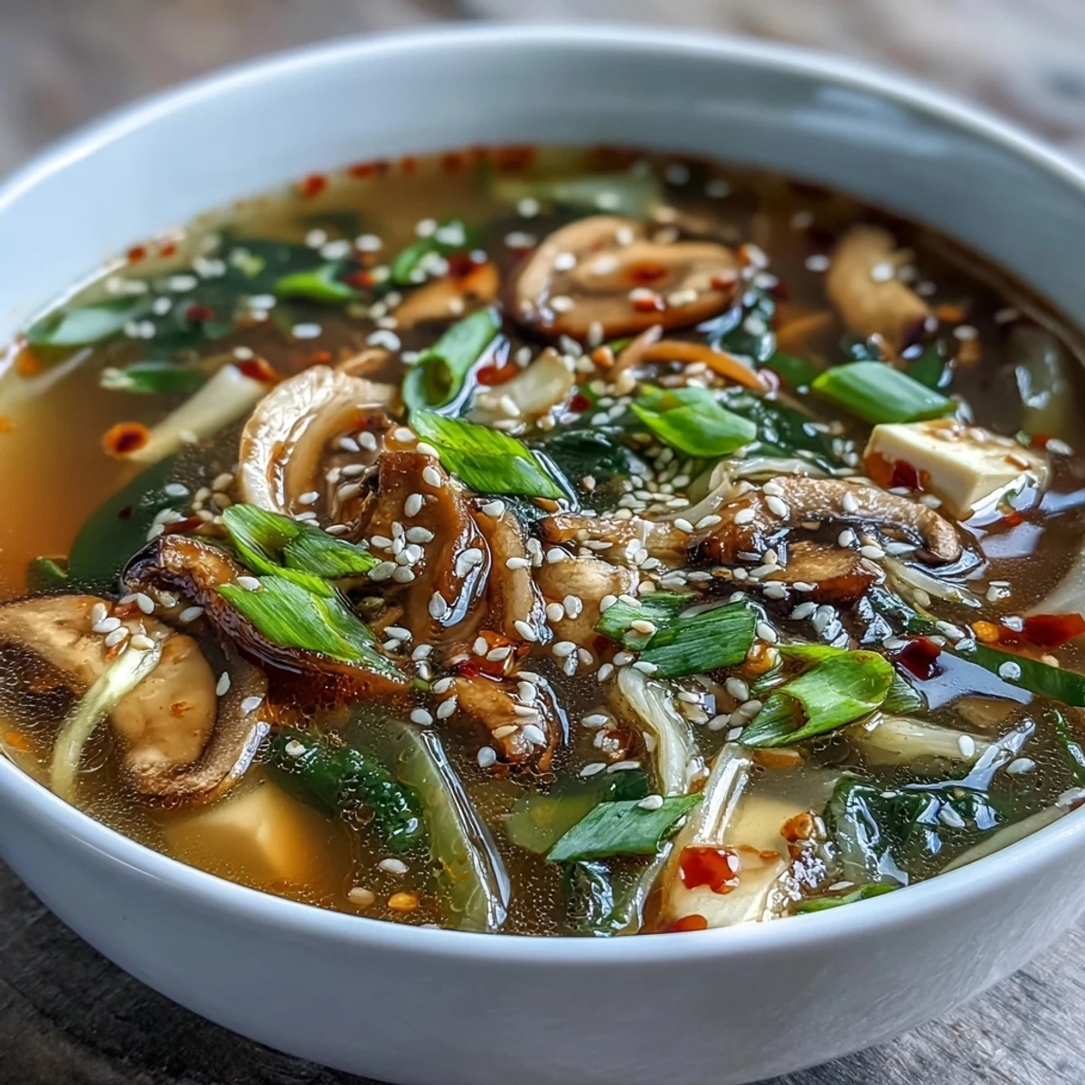 Steaming bowls of Ginger-Miso Winter Soup topped with toasted sesame seeds and fresh cilantro garnish.