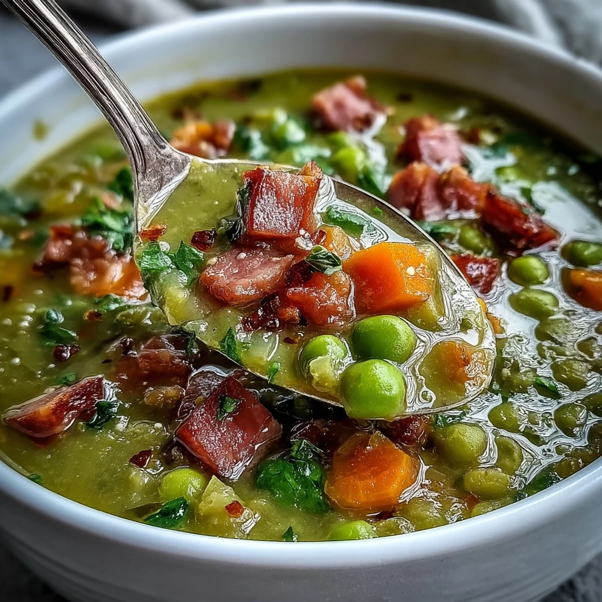 Steaming Split Pea and Ham Soup in a rustic bowl, garnished with fresh parsley and a slice of crusty bread.