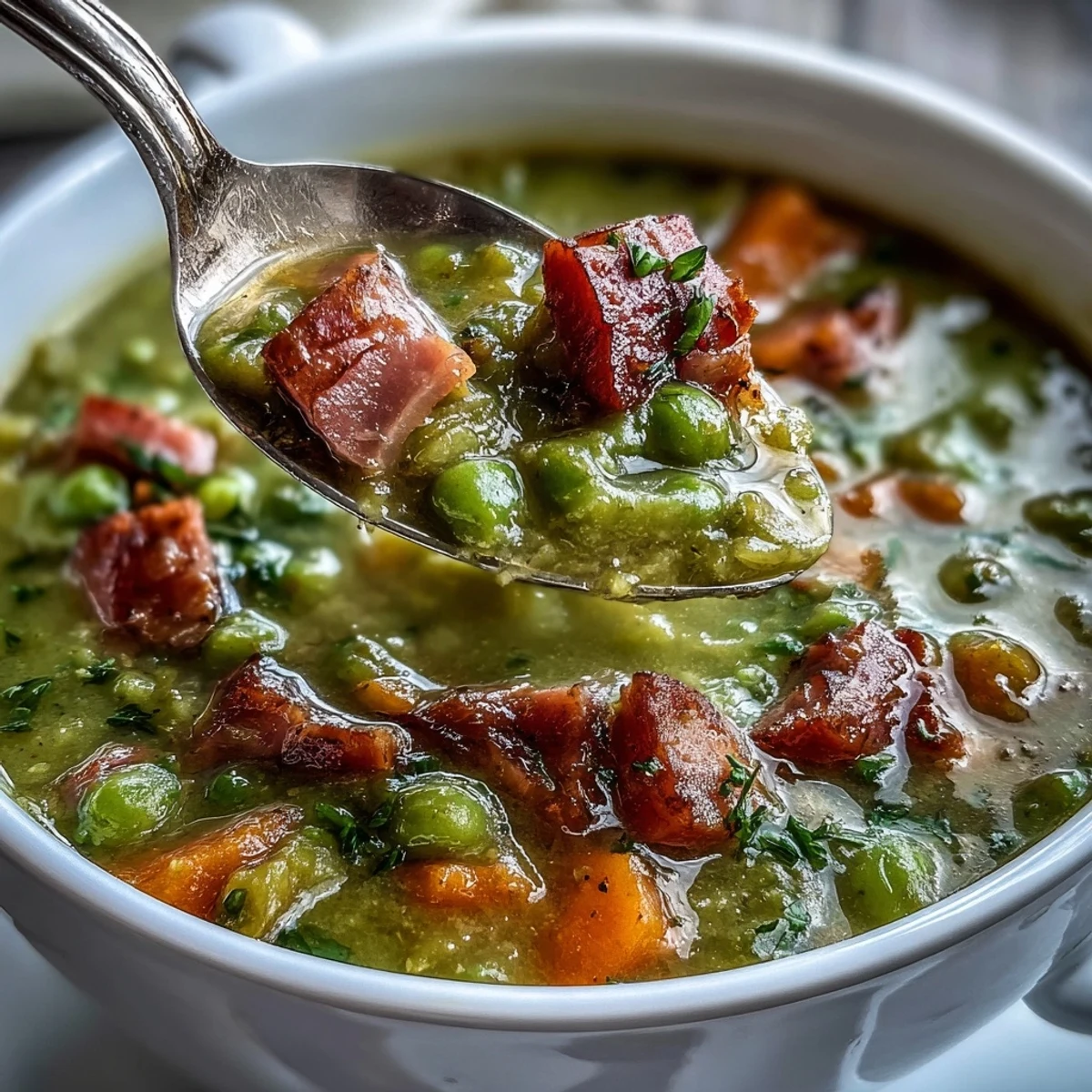 Hearty, thick Split Pea and Ham Soup with tender carrots and celery in a cozy stockpot on a wooden table.