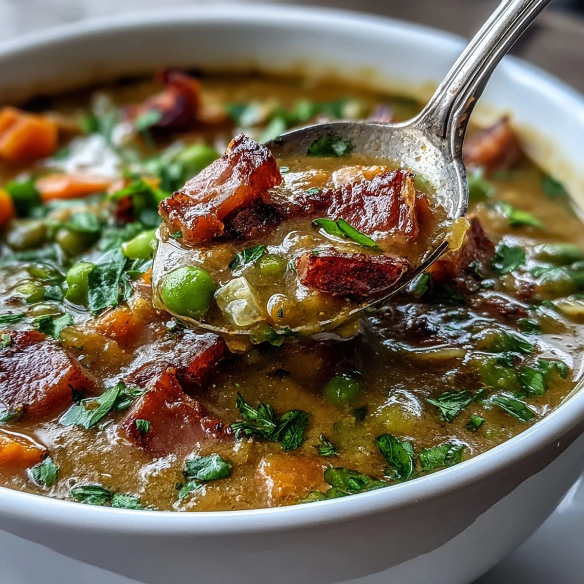 Comforting bowl of Split Pea and Ham Soup topped with diced ham and cracked black pepper, ready to serve.
