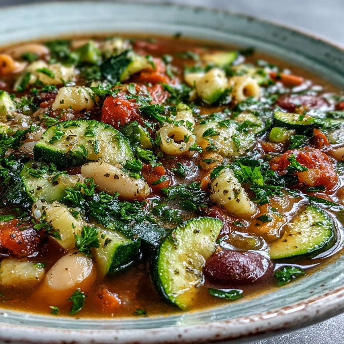 Close-up of a steaming bowl of Minestrone Soup, featuring al dente pasta, creamy cannellini beans, diced tomatoes, and fresh parsley garnish.