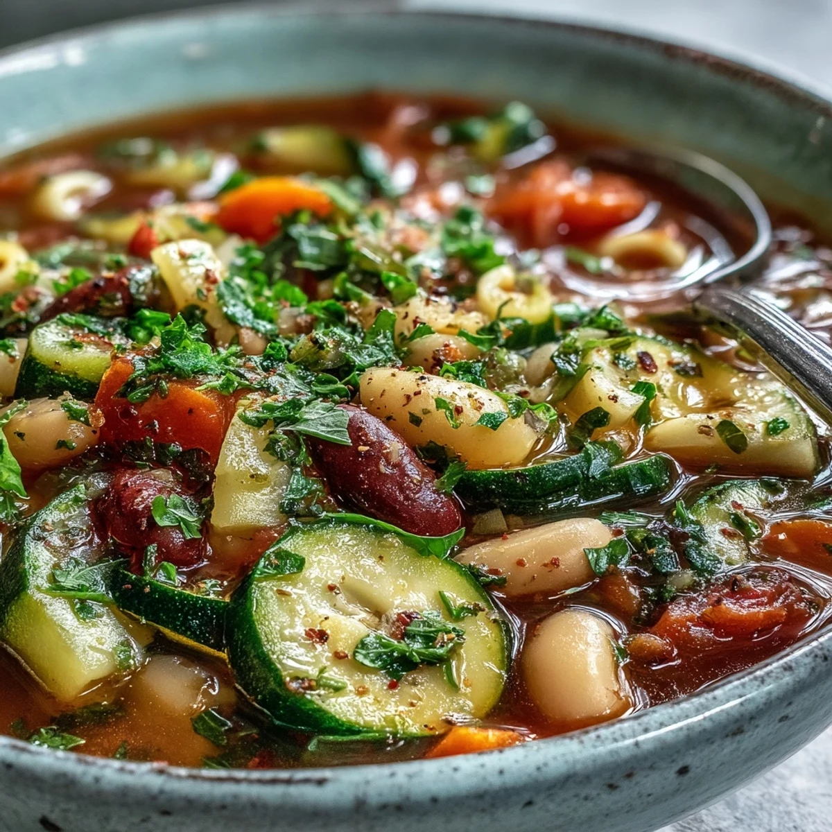 Hearty Minestrone Soup served in a rustic ceramic bowl, garnished with fresh parsley and accompanied by crusty artisan bread slices.