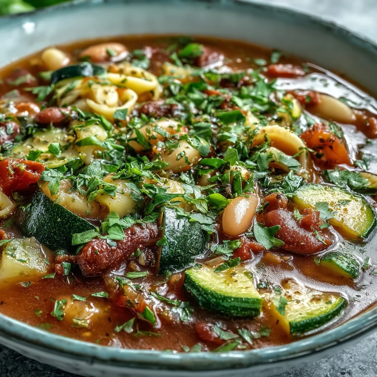 A rustic pot of Minestrone Soup simmering on the stove, brimming with colorful vegetables like carrots, zucchini, and green beans.