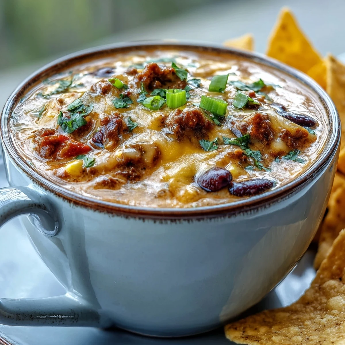 Overhead view of Creamy Taco Soup topped with sour cream, cilantro, and tortilla chips, perfect for a cozy dinner.
