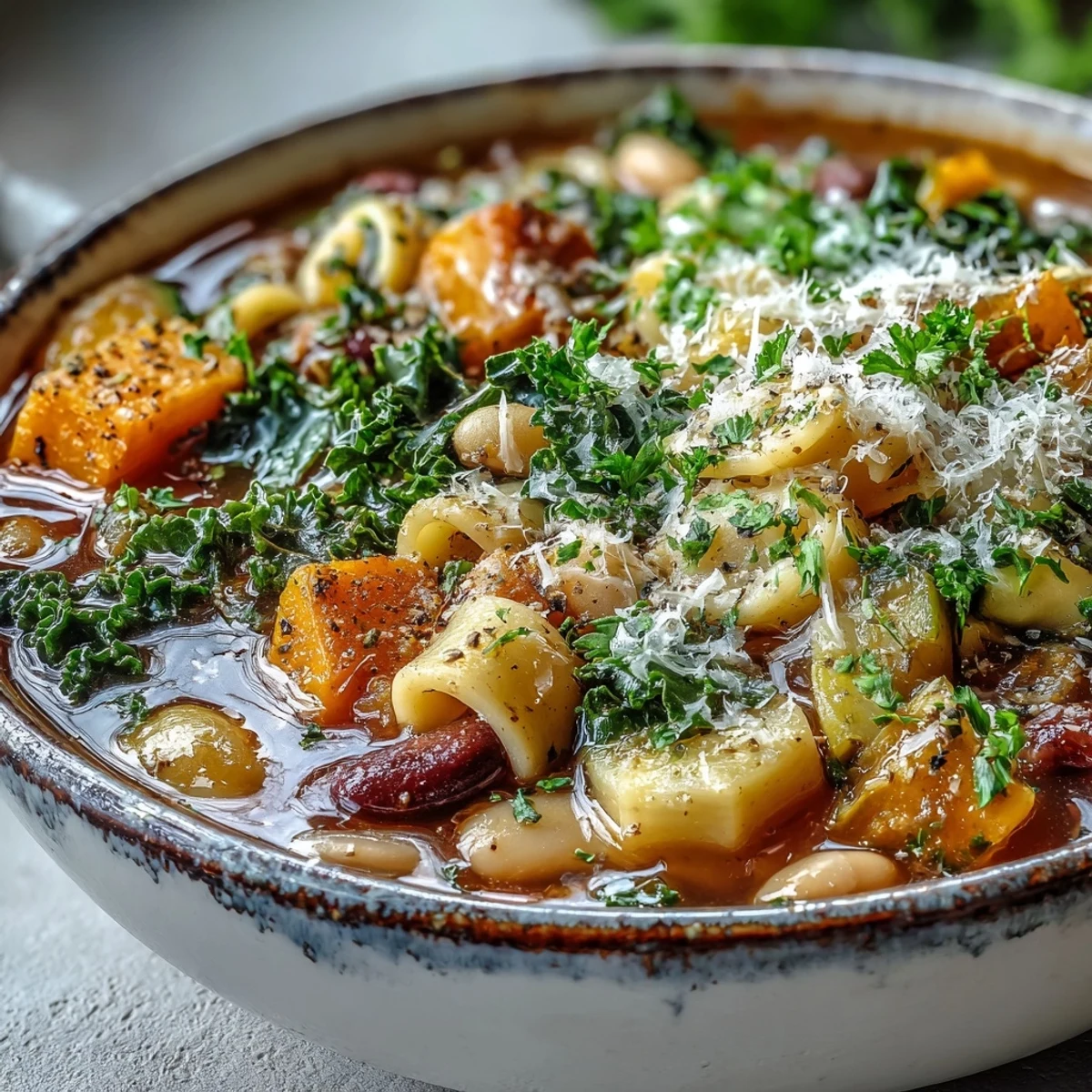 A steaming bowl of Winter Minestrone Soup, garnished with fresh parsley and served alongside a slice of crusty bread on a rustic table.