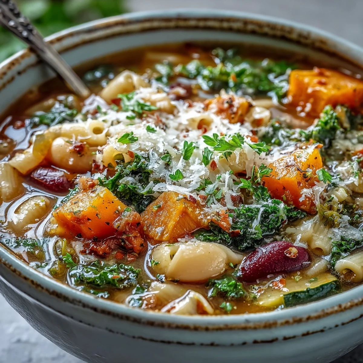 Hearty Italian Winter Minestrone Soup simmering in a pot, featuring colorful vegetables, pasta, and a rich, aromatic vegetable broth.