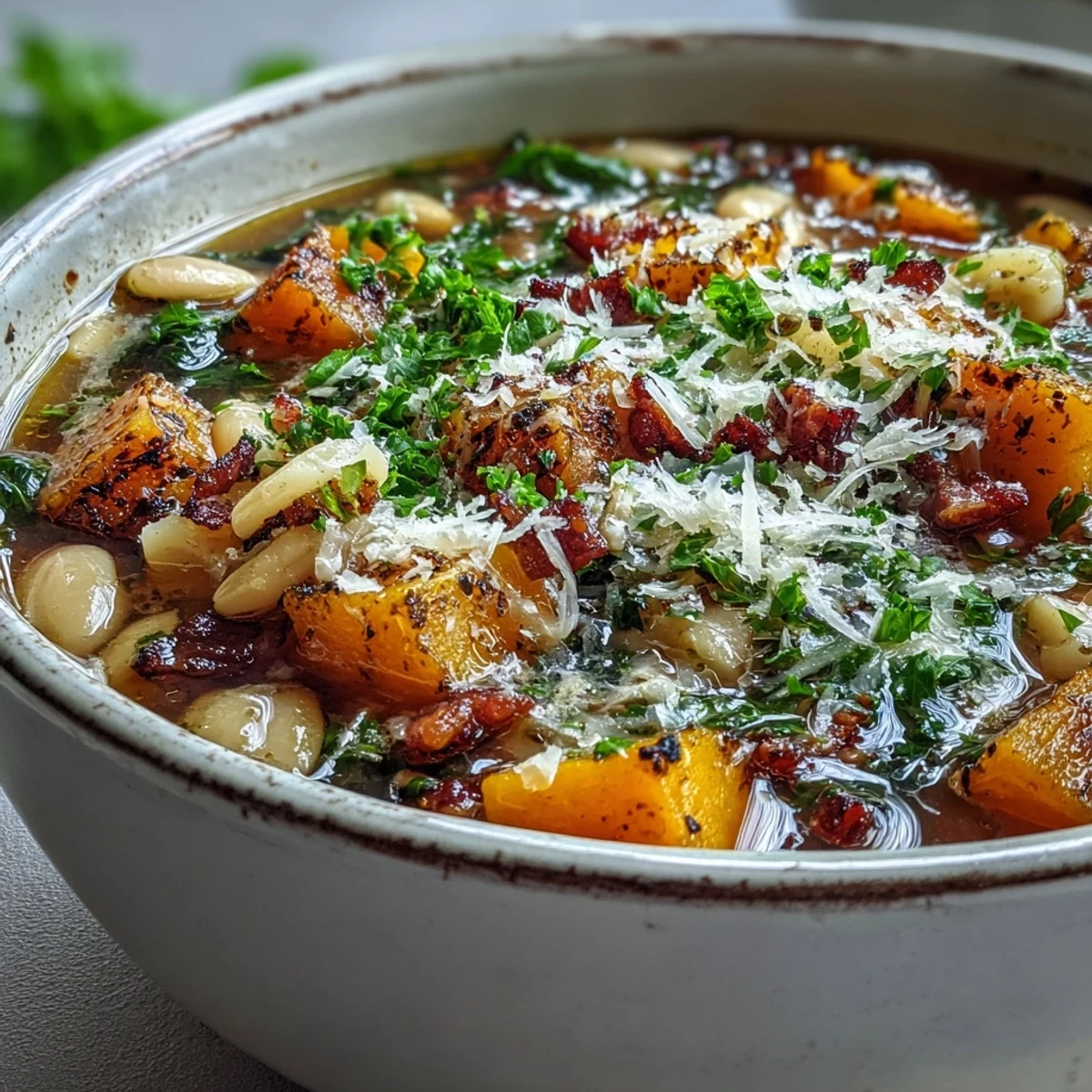 Close-up view of Fall Minestrone featuring creamy white beans, ditalini pasta, and savory pancetta in a rich broth.  