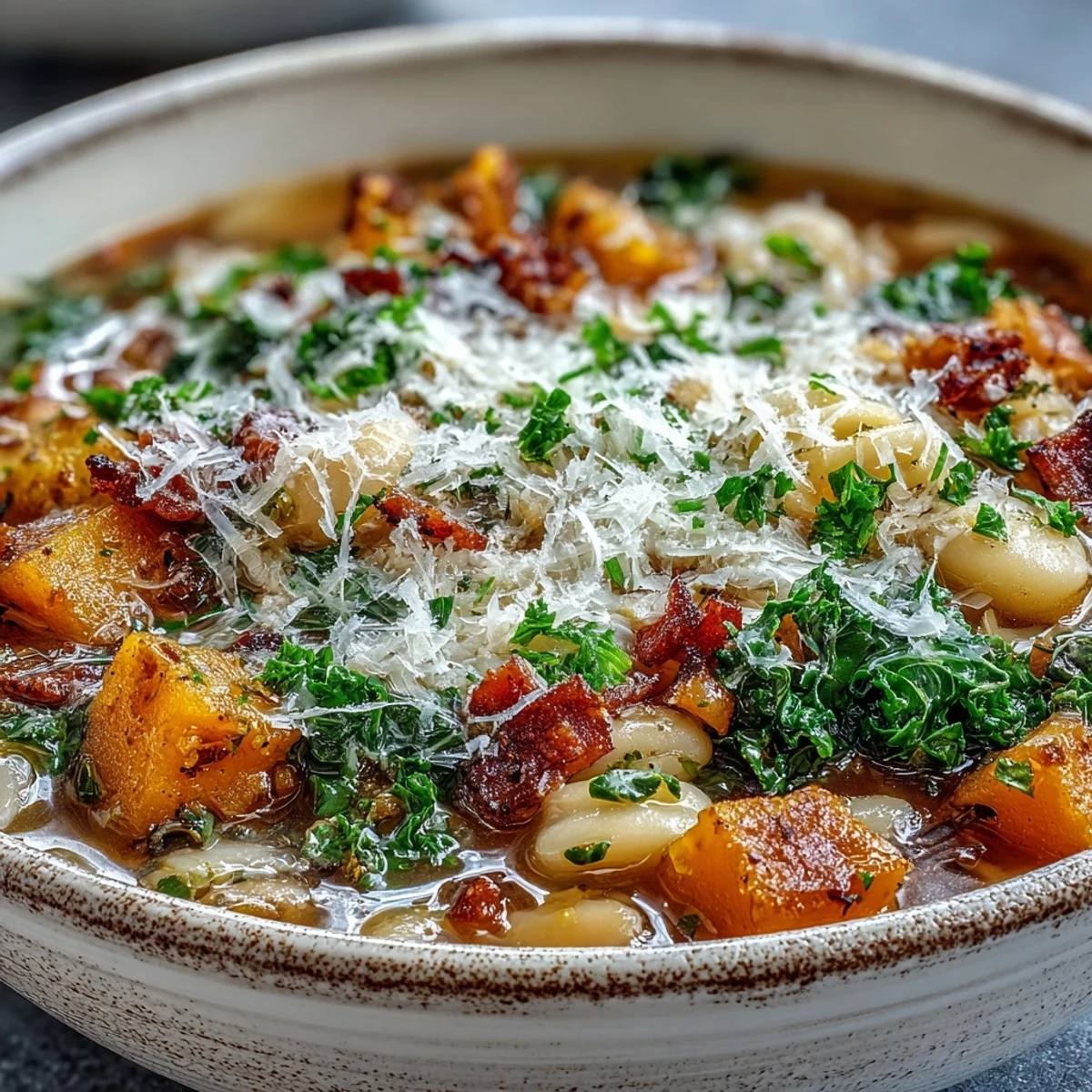 Hearty Fall Minestrone served in a rustic bowl, topped with melted Parmesan and fresh herbs for a cozy meal.