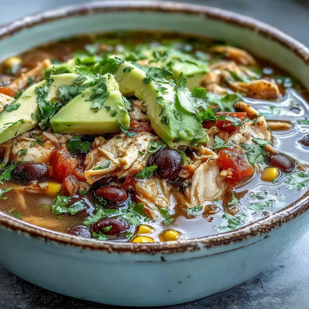 A steaming bowl of Southwestern Turkey Soup garnished with cilantro, diced avocado, and crumbled tortilla chips.  