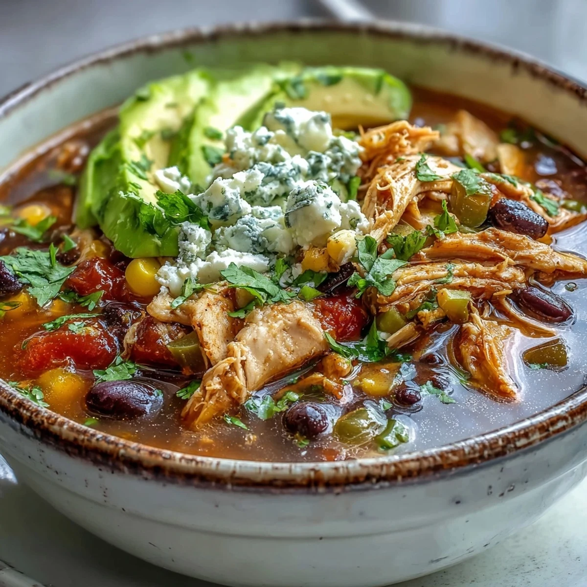 Hearty Southwestern Turkey Soup in a rustic bowl, showcasing black beans, corn, and tender turkey pieces.  