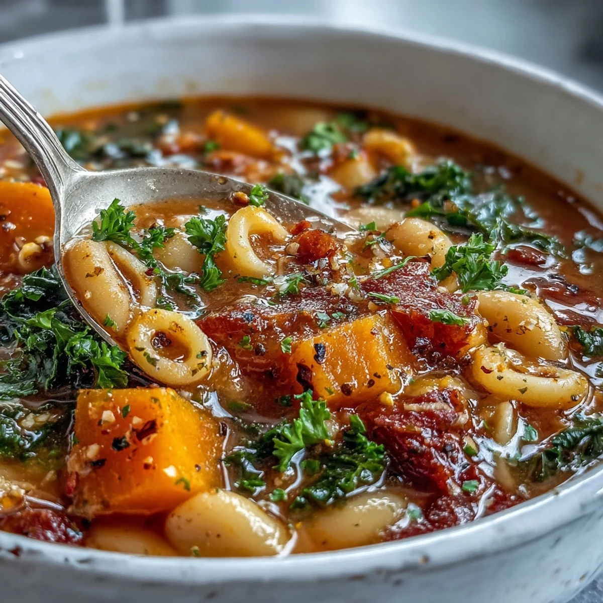 Steaming bowl of Winter Minestrone Soup with Butternut Squash and Kale, garnished with fresh parsley and Parmesan.