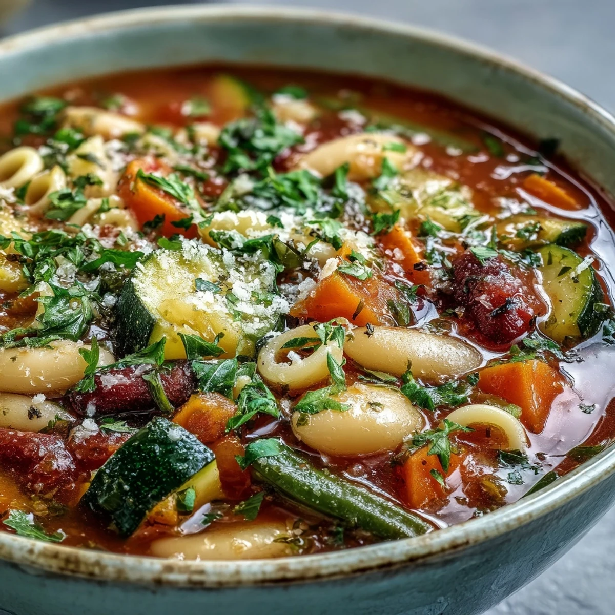 A steaming bowl of Minestrone Soup, featuring colorful diced vegetables, tender pasta, and creamy white beans in a rich tomato broth, garnished with fresh parsley and grated Parmesan.