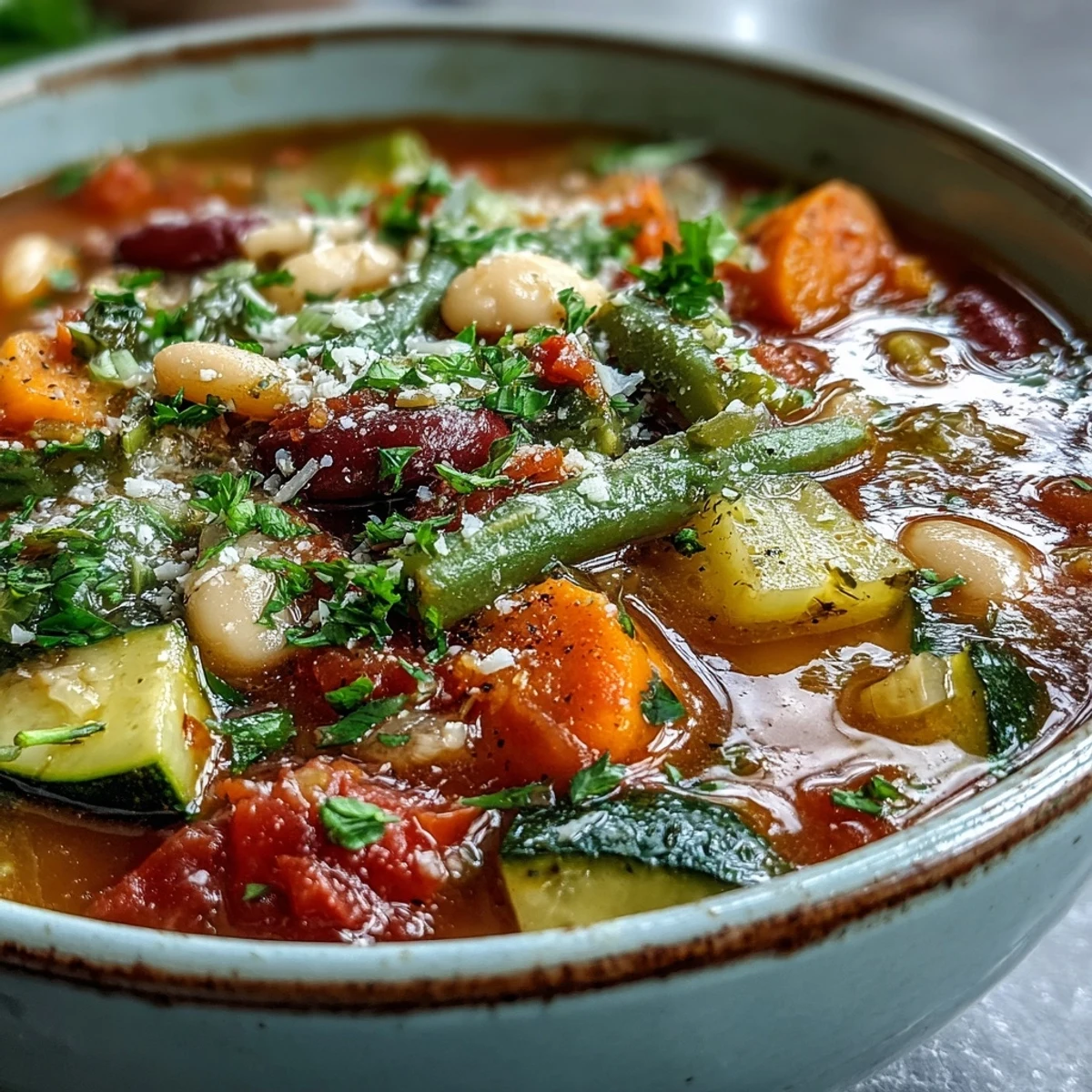 Close-up view of Minestrone Soup in a rustic ceramic bowl, highlighting zucchini, carrots, and red kidney beans, with a drizzle of extra virgin olive oil and crusty bread on the side.