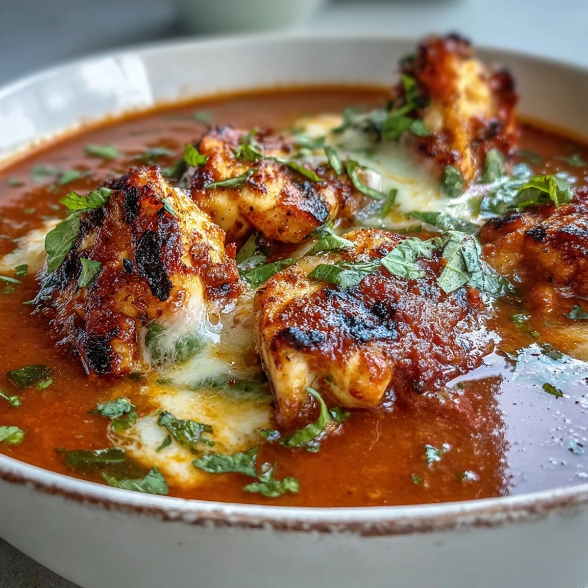 A steaming bowl of Grilled Chicken Parmesan Soup with melted mozzarella and fresh basil garnish, perfect for cozy dinners.