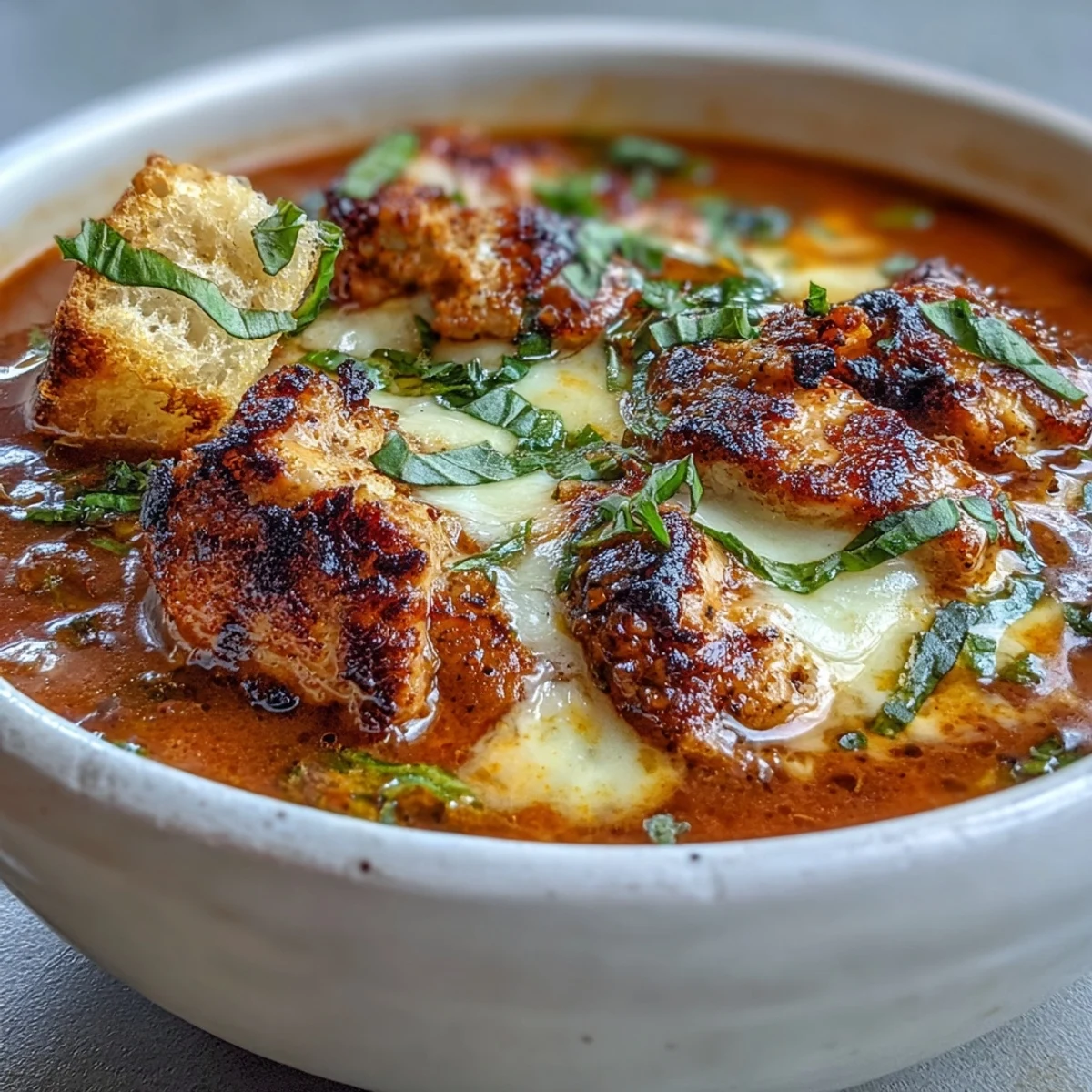 Savory Grilled Chicken Parmesan Soup featuring tender grilled chicken, carrots, and celery, finished with a cheesy, golden-brown crust.