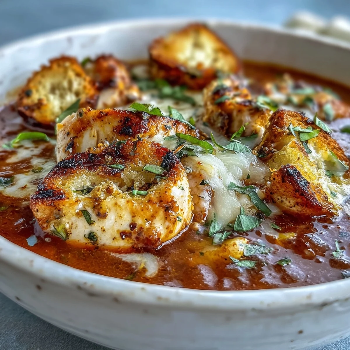 Hearty Italian-American Grilled Chicken Parmesan Soup topped with garlic croutons, Parmesan, and rich tomato broth in a rustic bowl.