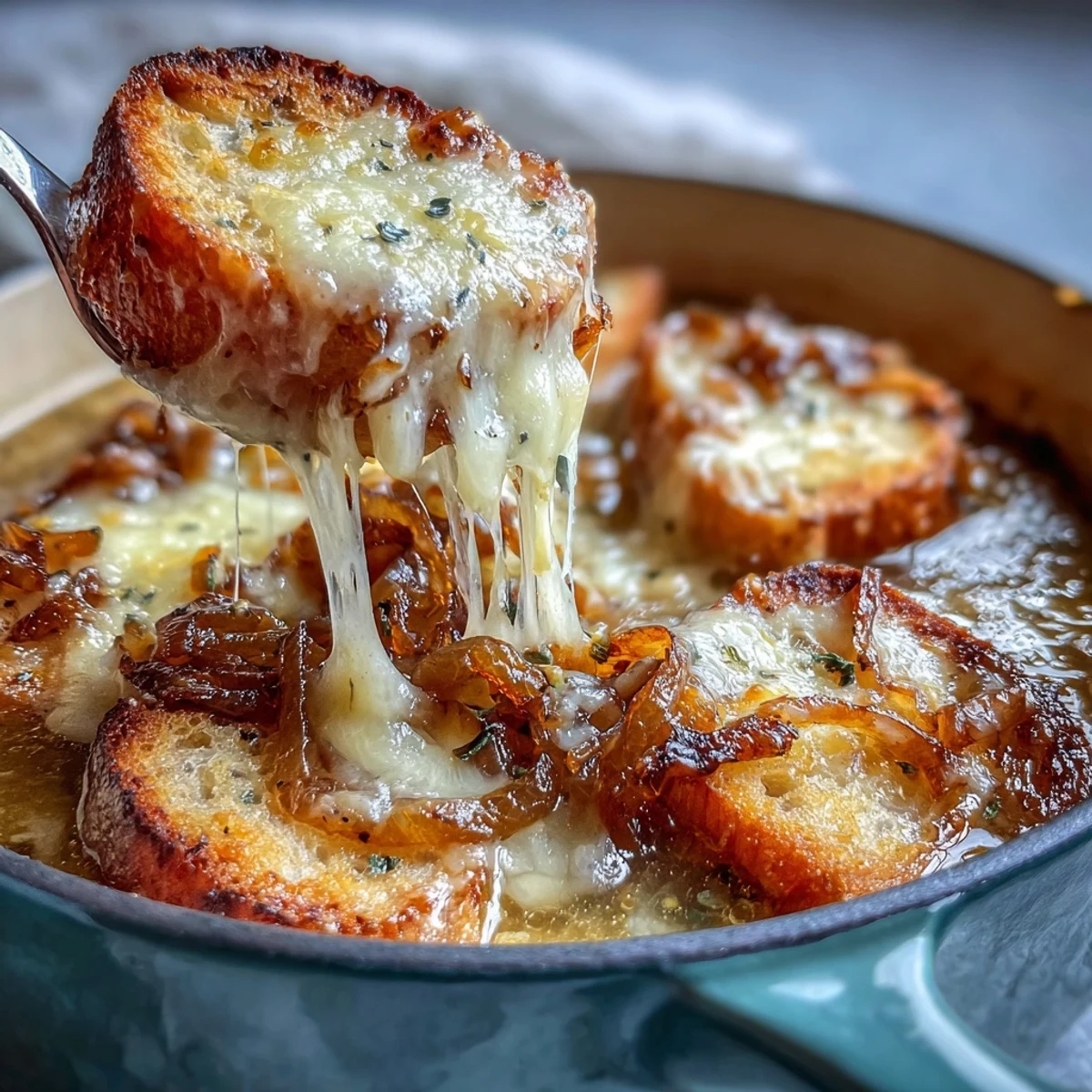 A bowl of Dutch Oven French Onion Soup with melted Gruyère cheese bubbling over a toasted baguette slice.
