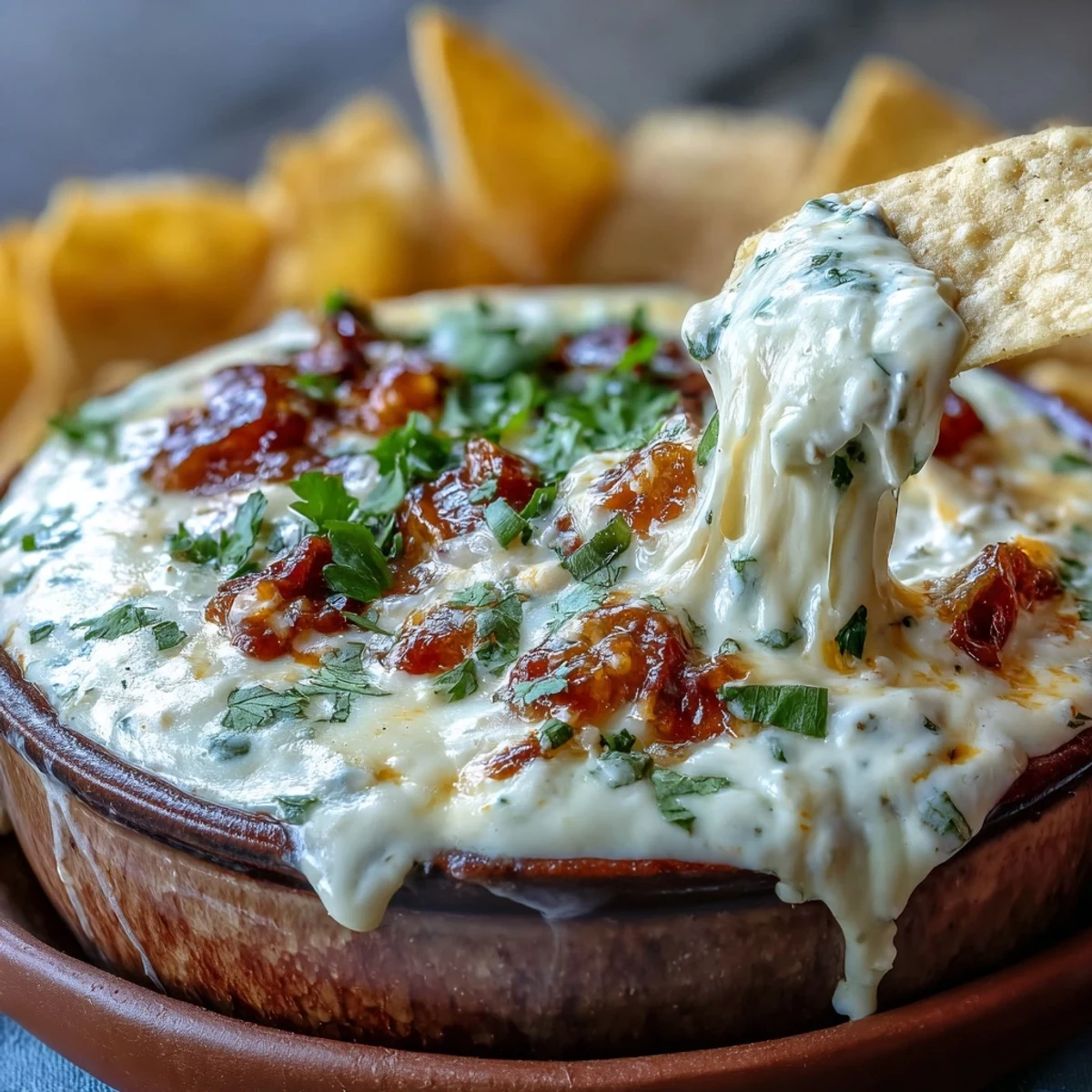 A warm bowl of homemade Queso Dip with melted cheddar and Monterey Jack, topped with fresh cilantro and diced tomatoes for a creamy, spicy kick.