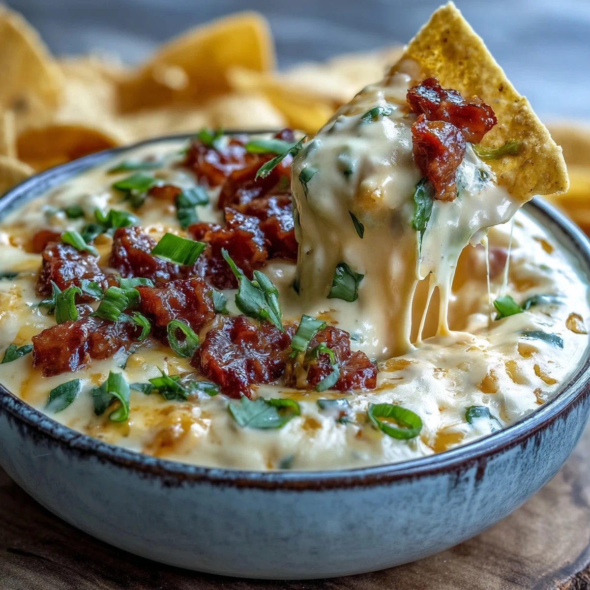 Rich and creamy Queso Dip garnished with fresh green onions and diced tomatoes, offering a cheesy, spicy dip ready for dipping crunchy tortilla chips.