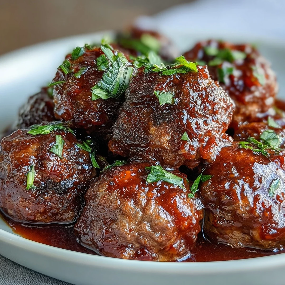 A close-up of Easy Sweet and Sour Crock Pot Meatballs coated in a sticky apricot glaze, garnished with sesame seeds and chopped green onions.