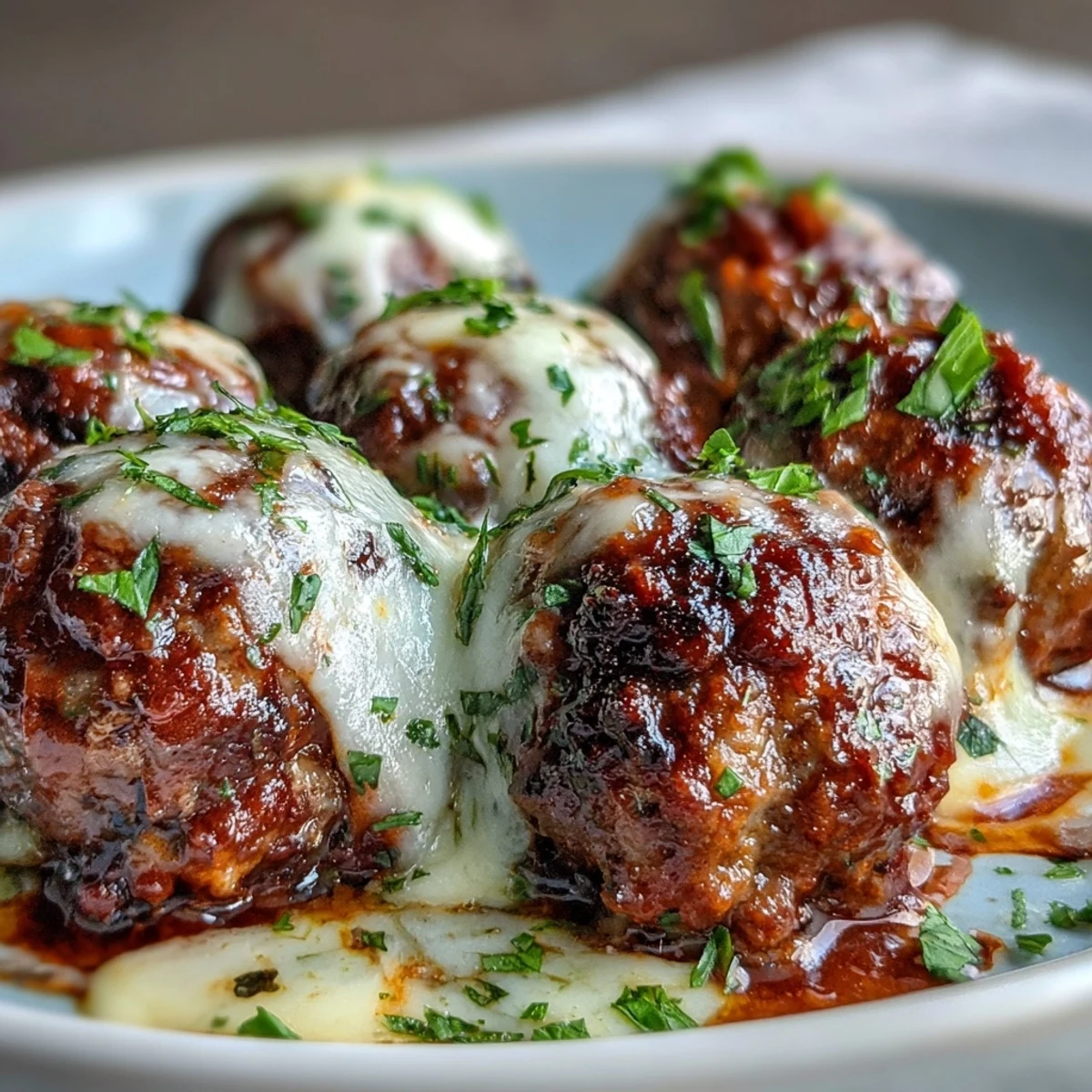 Cheesy, Garlicky Meatballs With Marinara simmering in a rich red sauce topped with melted mozzarella and fresh parsley.