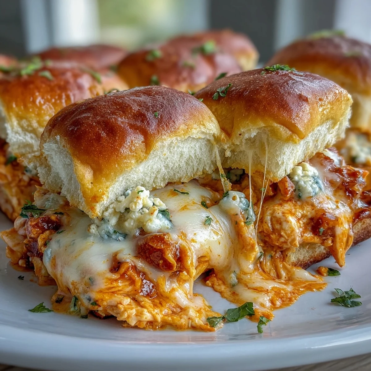 Warm, gooey sliders split open to reveal a zesty Buffalo chicken pizza dip filling, perfect for a game day snack or party appetizer.