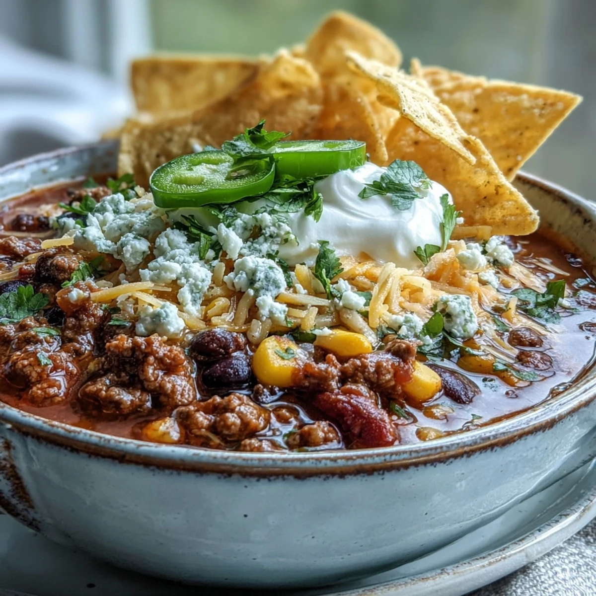 Hearty Taco Soup simmering in a rustic pot, topped with shredded cheddar, sour cream, and sliced jalapeños for a cozy family dinner.