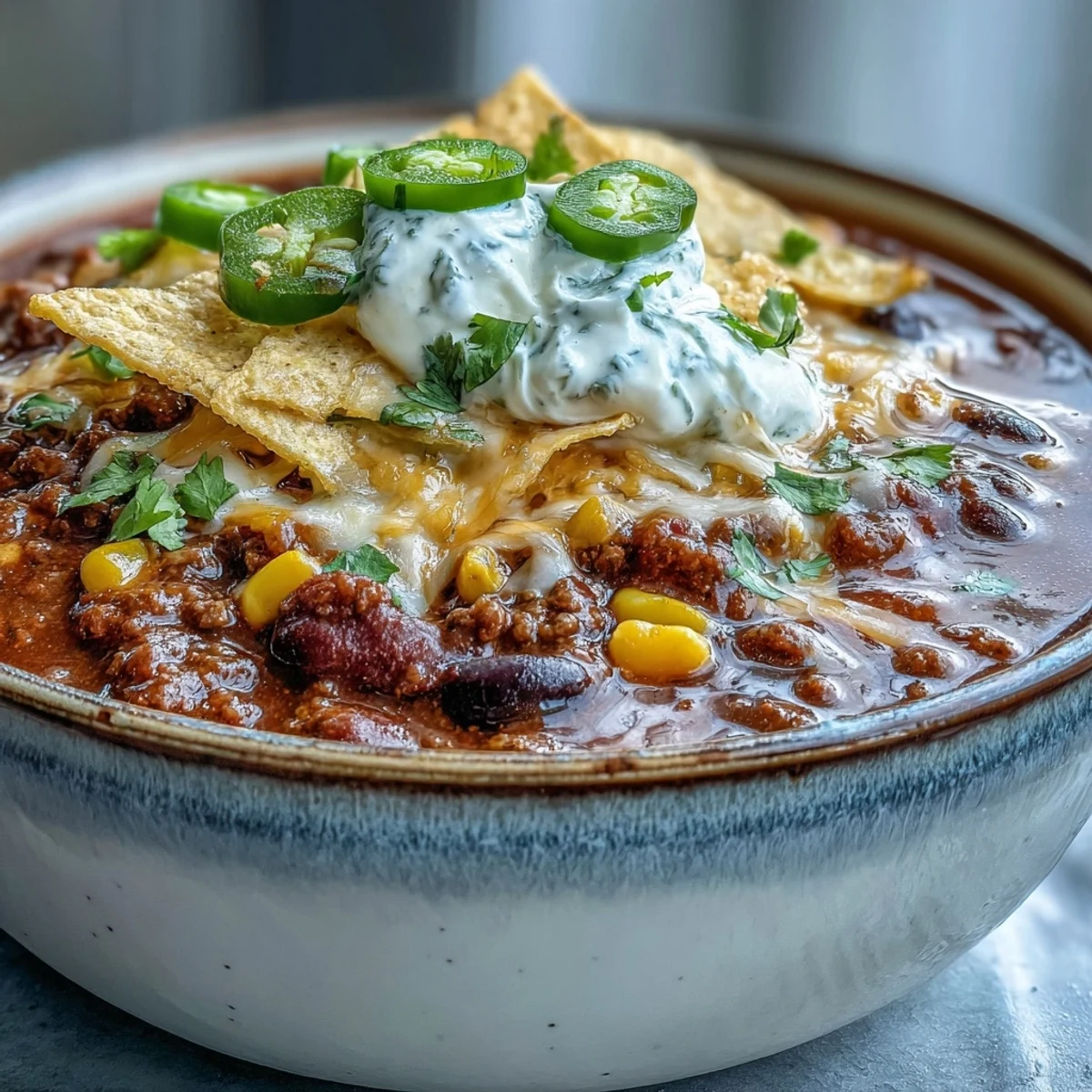 Spiced Taco Soup in a warm bowl with a side of crunchy tortilla chips and a bright lime wedge, ready for game day.