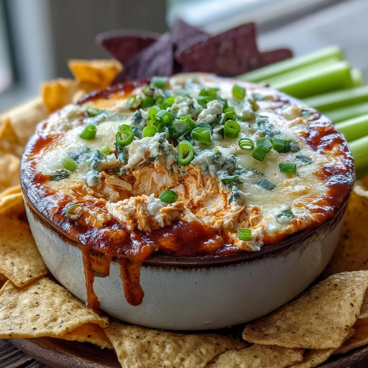 Golden Crock Pot Buffalo Chicken Dip in a white bowl, bubbling with melted cheddar and mozzarella, garnished with fresh scallions.
