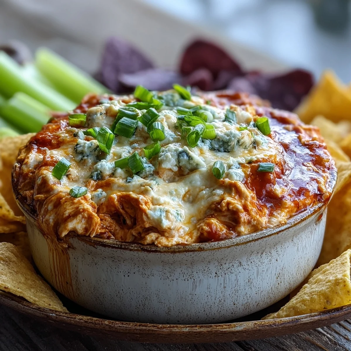 Spicy Crock Pot Buffalo Chicken Dip served warm from the slow cooker, surrounded by sturdy tortilla chips and crisp celery sticks.
