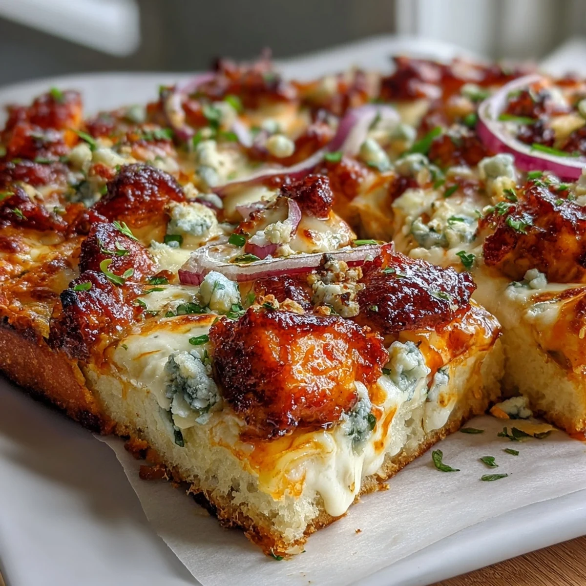 Golden-brown Buffalo Chicken Pizza with melted mozzarella, cheddar, and red onion slices on a rustic board.