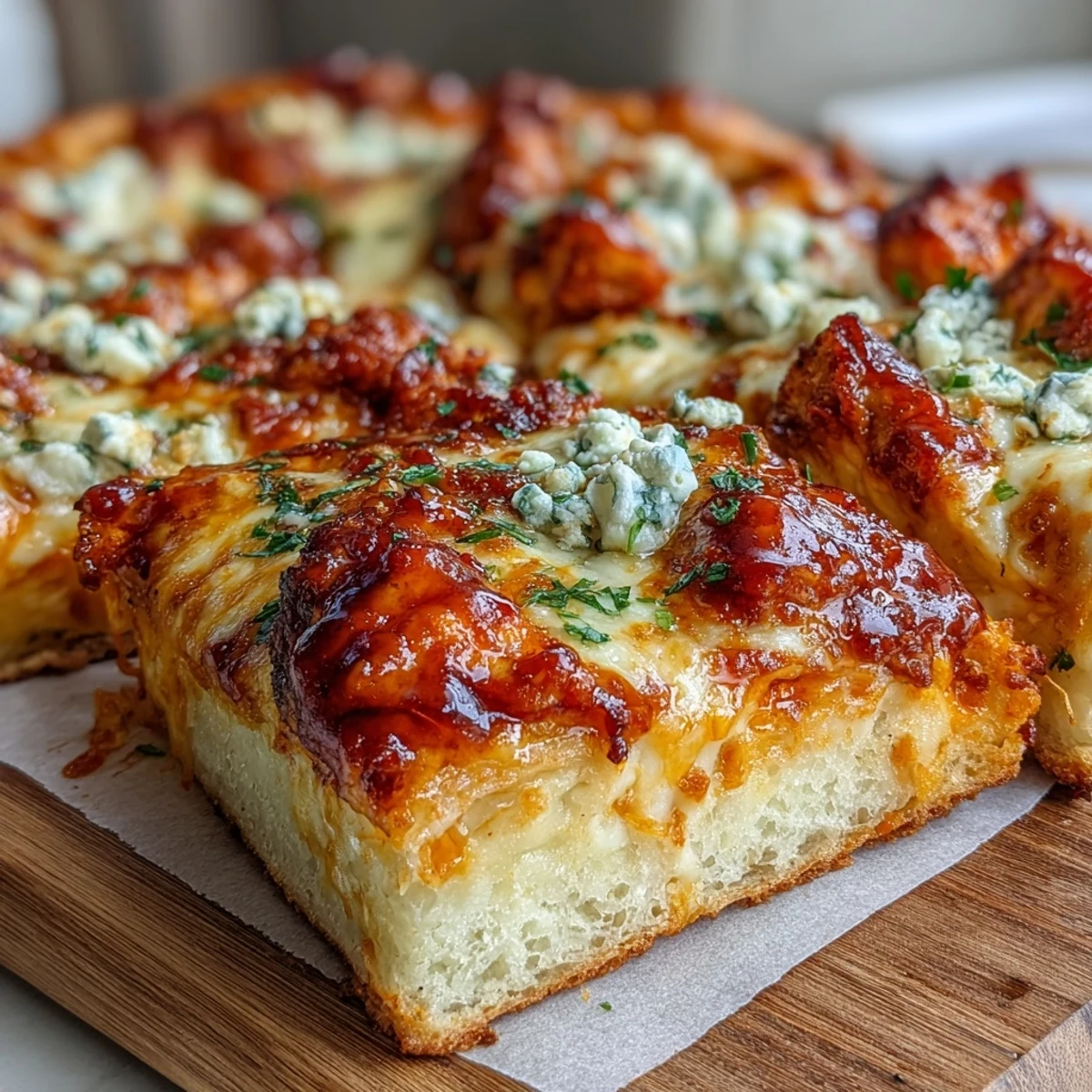 Freshly baked Buffalo Chicken Pizza cut into slices, served with celery sticks for a classic tangy heat pairing.