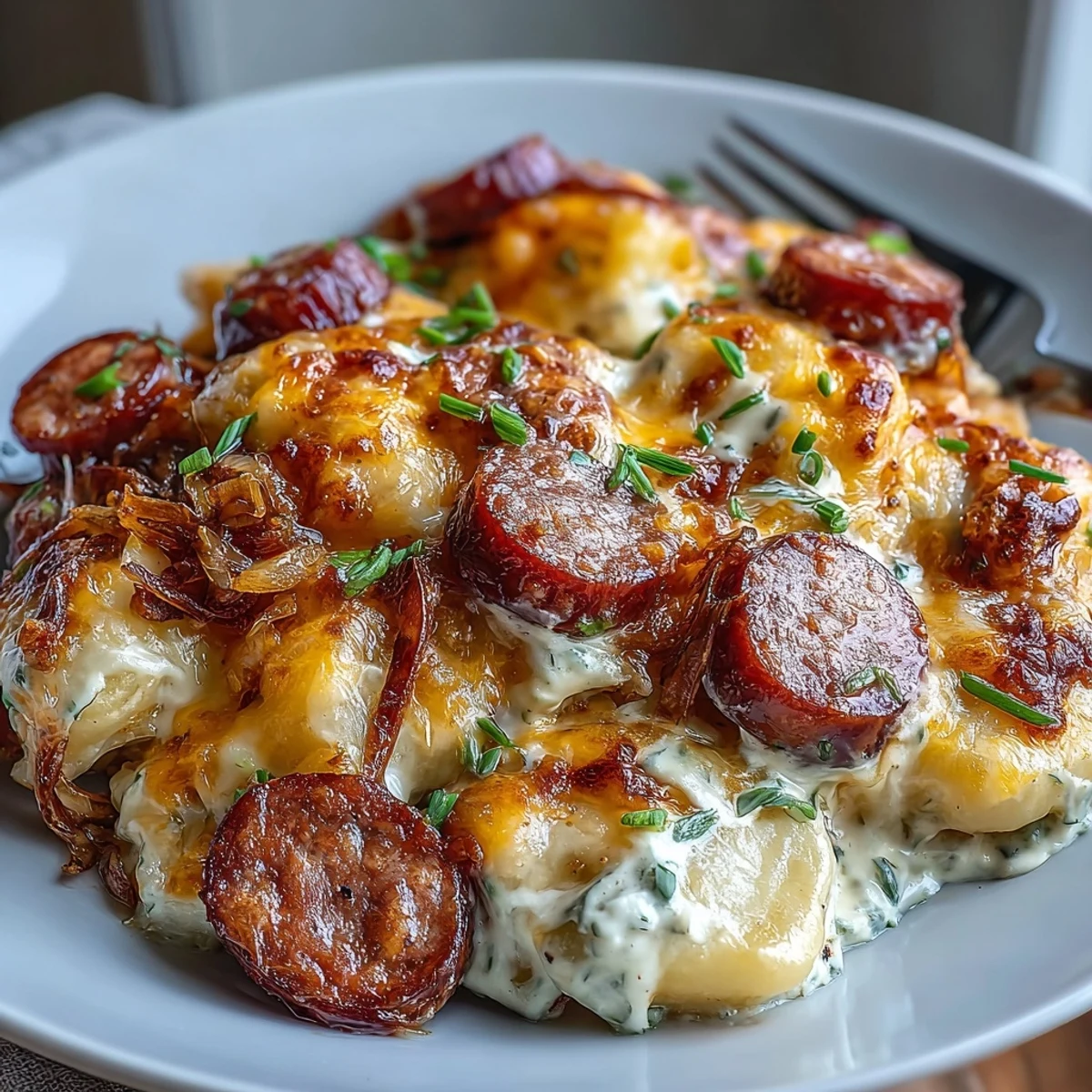 Slow-cooked potato pierogi and smoky kielbasa swim in a creamy sauce for this comforting Crockpot Pierogi Casserole With Kielbasa.