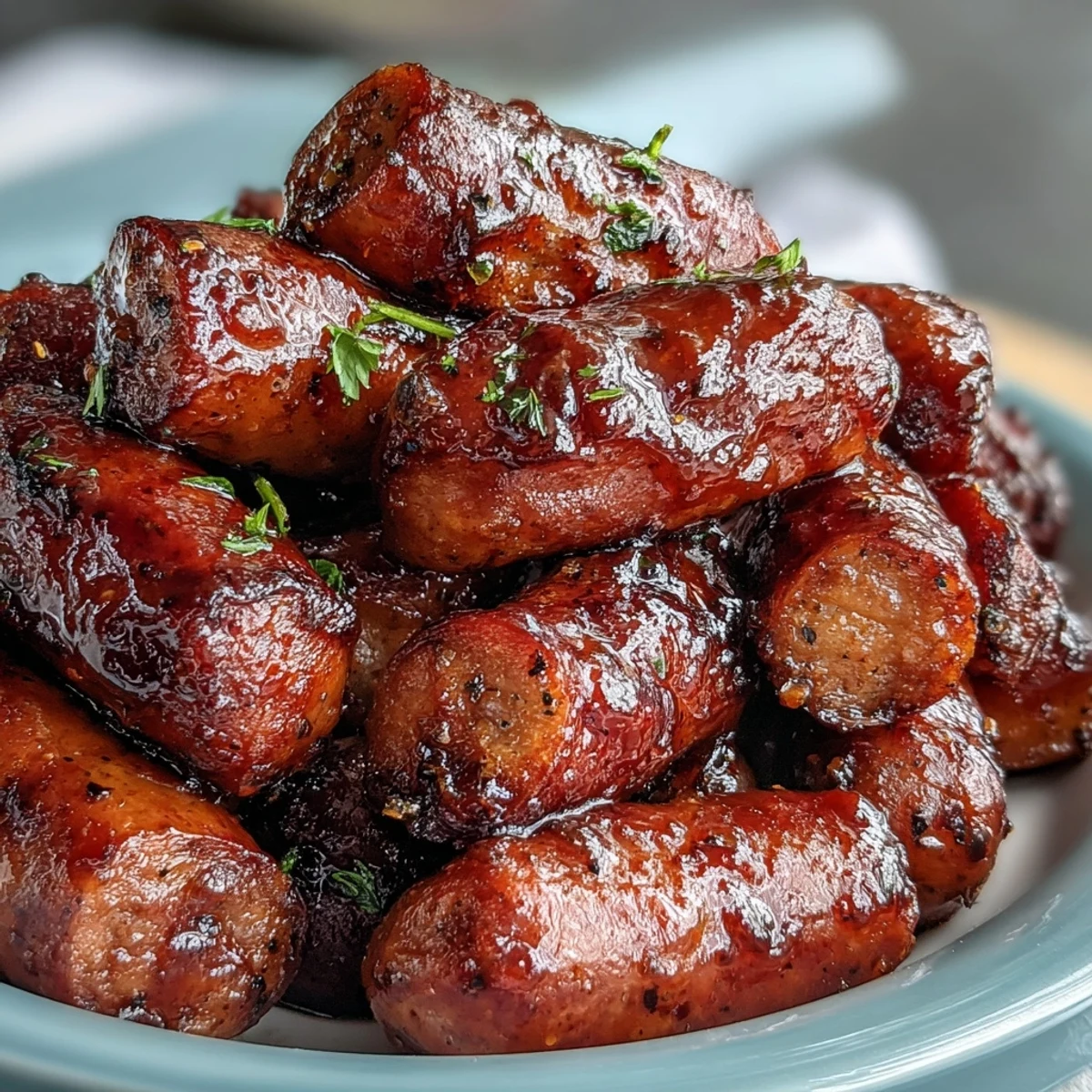Toothpick-ready mini smoked sausages coated in a sweet and tangy sauce, perfect for a game-day appetizer spread.