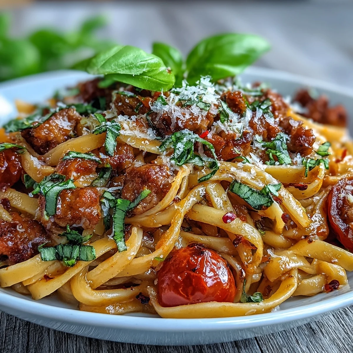 A warm bowl of Italian Drunken Noodles topped with fresh basil, grated Parmesan, and a lemon wedge.