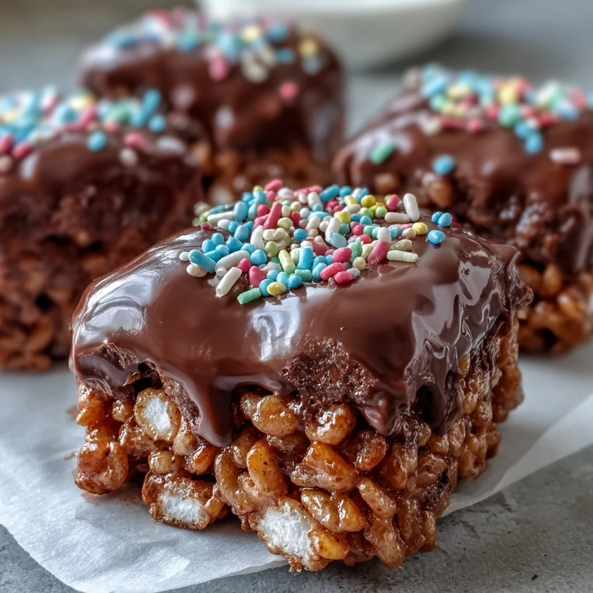 A close-up of Chocolate Covered Rice Krispy Treats showing a thick chocolate layer and crunchy texture, sliced into neat squares on parchment.
