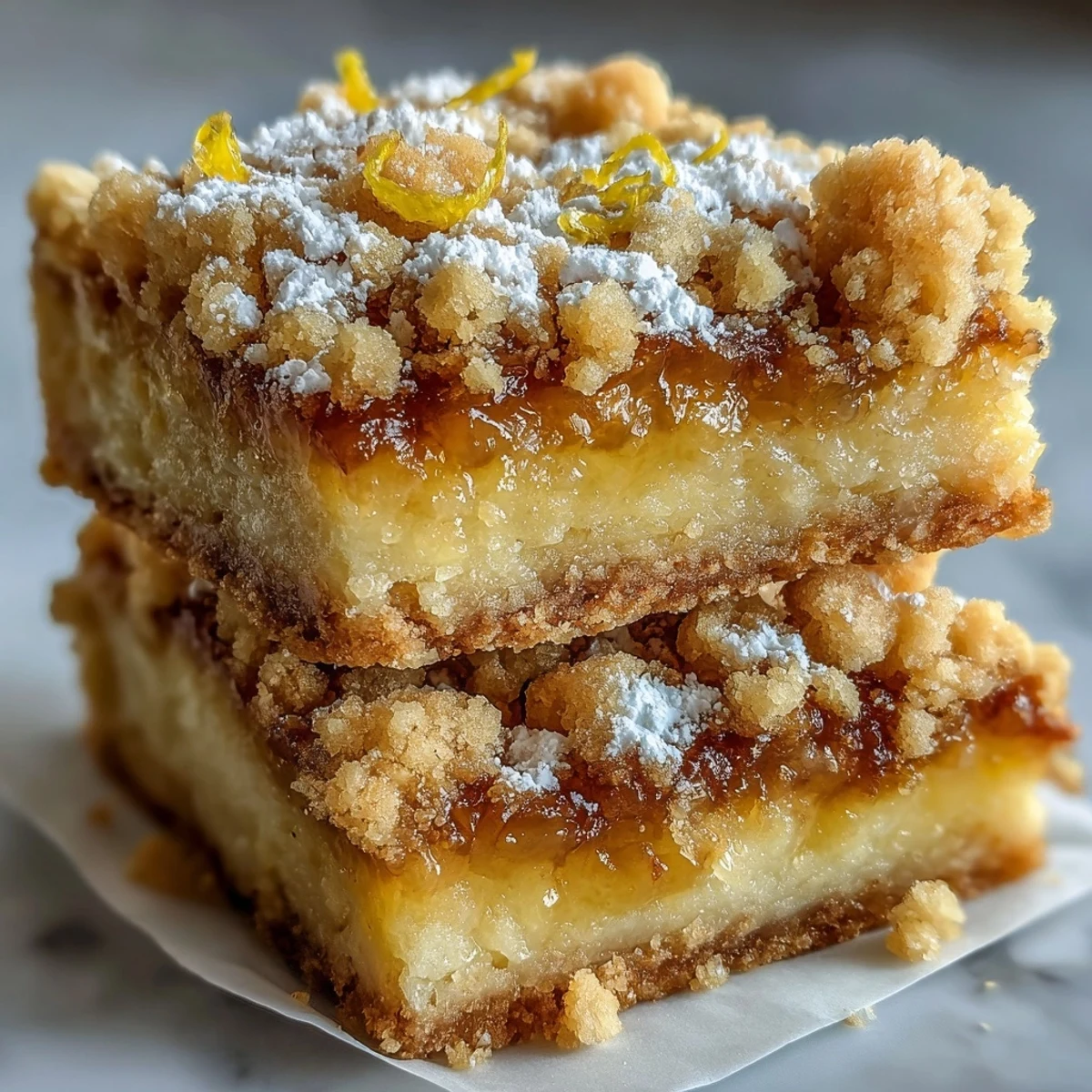 Sliced Homemade Lemon Crumb Bars revealing bright yellow lemon filling and buttery crumb layers on a marble board.
