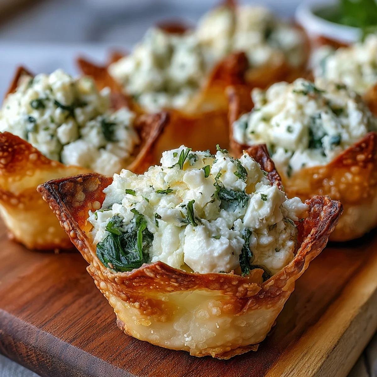 Golden Mediterranean Spinach and Feta Cheese Crisps in a mini muffin tin, with golden baked wonton edges and a vibrant green filling garnished with paprika. 