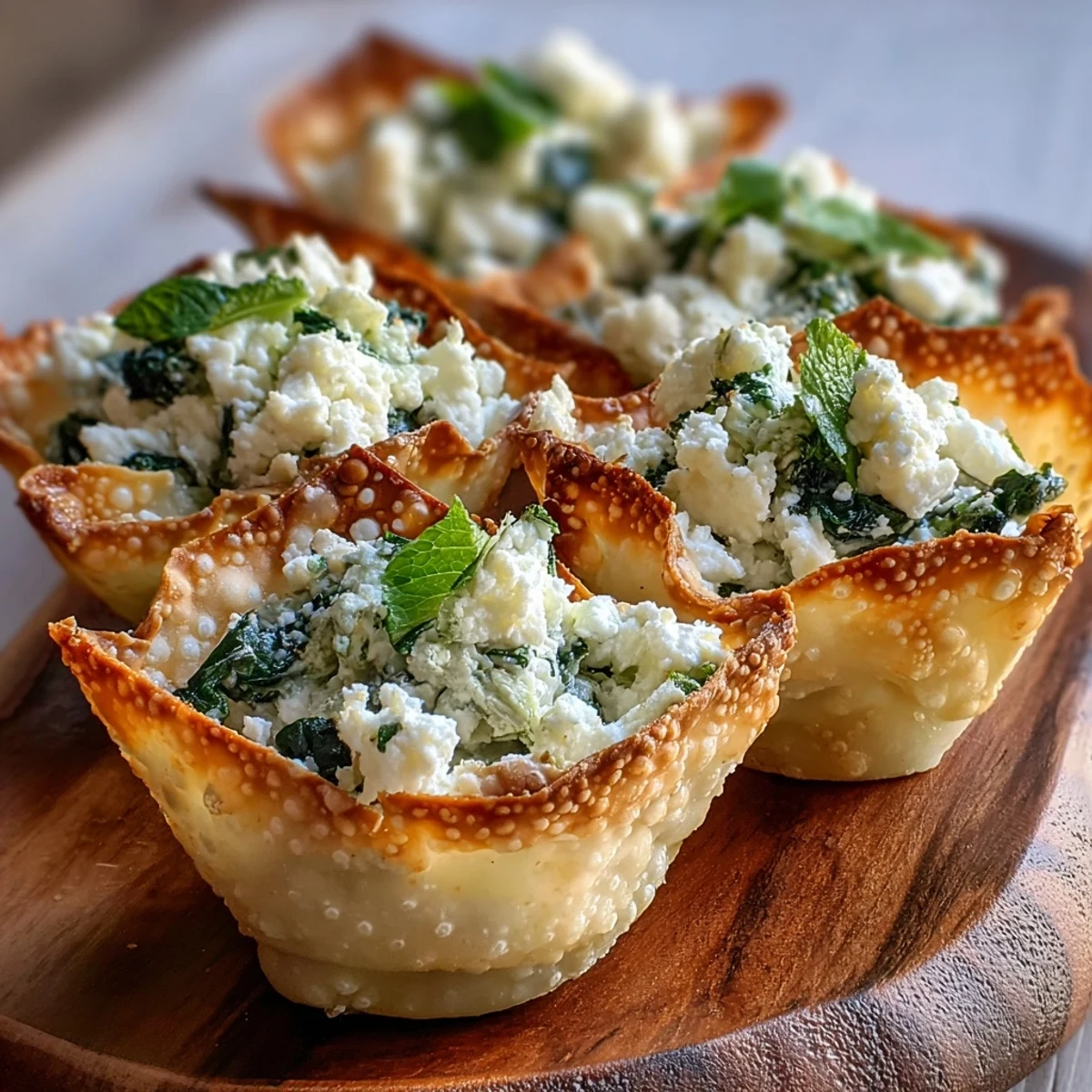 Freshly baked Mediterranean Spinach and Feta Cheese Crisps on a wire rack, showcasing creamy feta, wilted spinach, and lemon zest in crunchy wonton cups. 